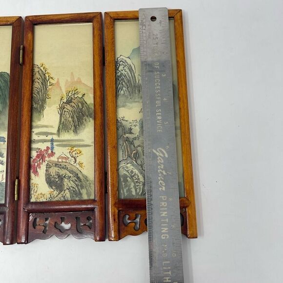 VTG Asian Folding Silk Screen Tabletop Decor Double Sided Mountain Scenes 7" H - Picture 4 of 5